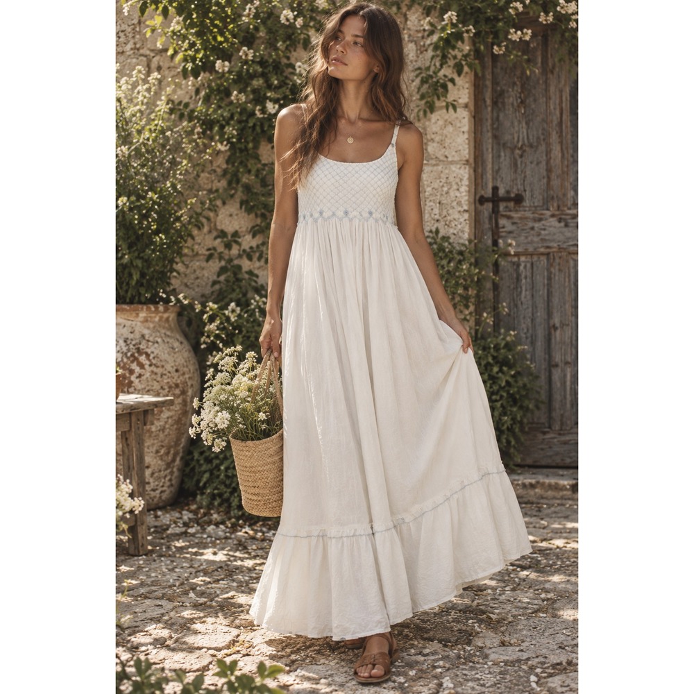 The 1 For U White Cotton Cottagecore Maxi Nightgown Dress S Sleeveless Tiered